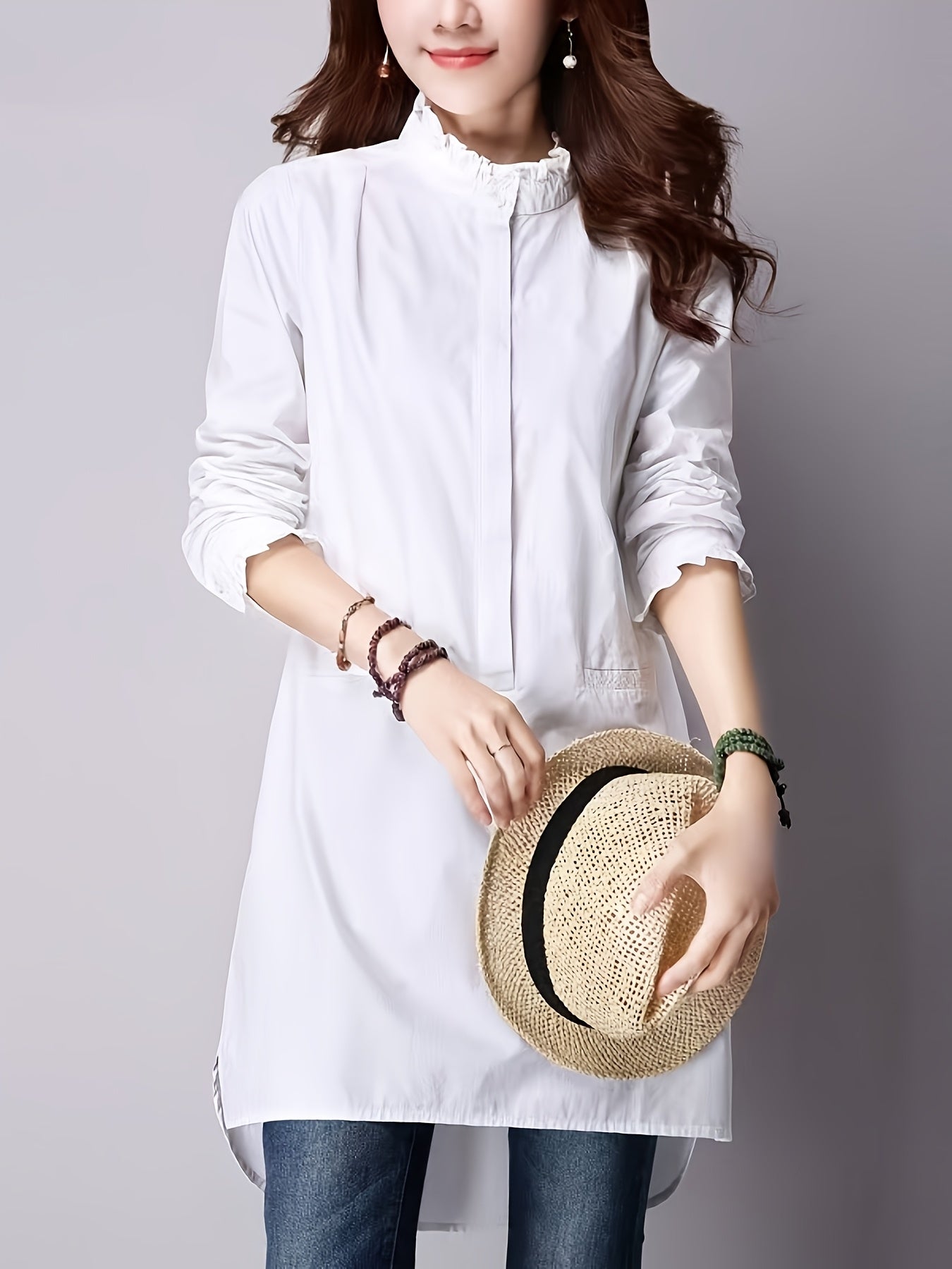 Ruffled shirt with faux pocket (White)