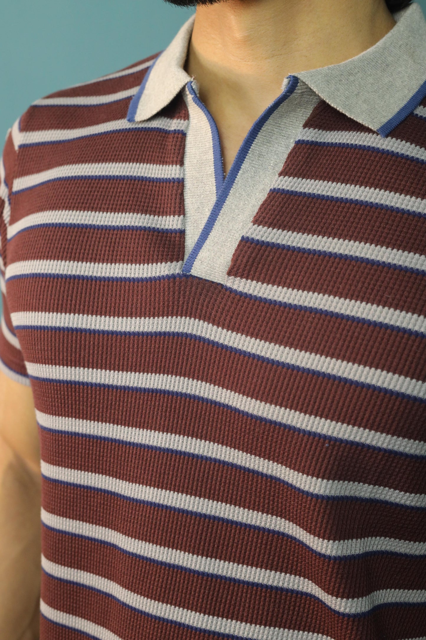 Knitted Waffle V Neck polo - Brown