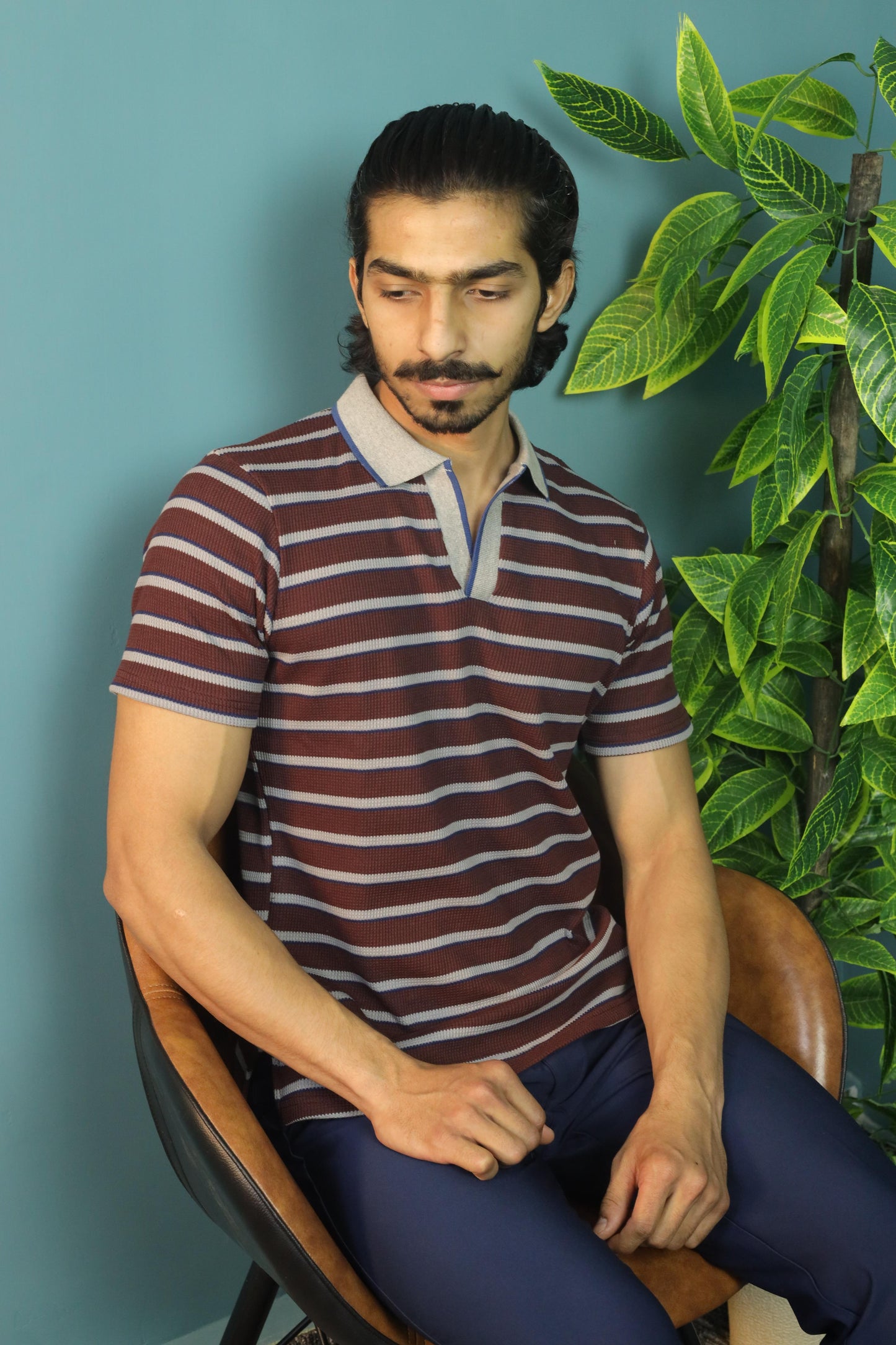 Knitted Waffle V Neck polo - Brown
