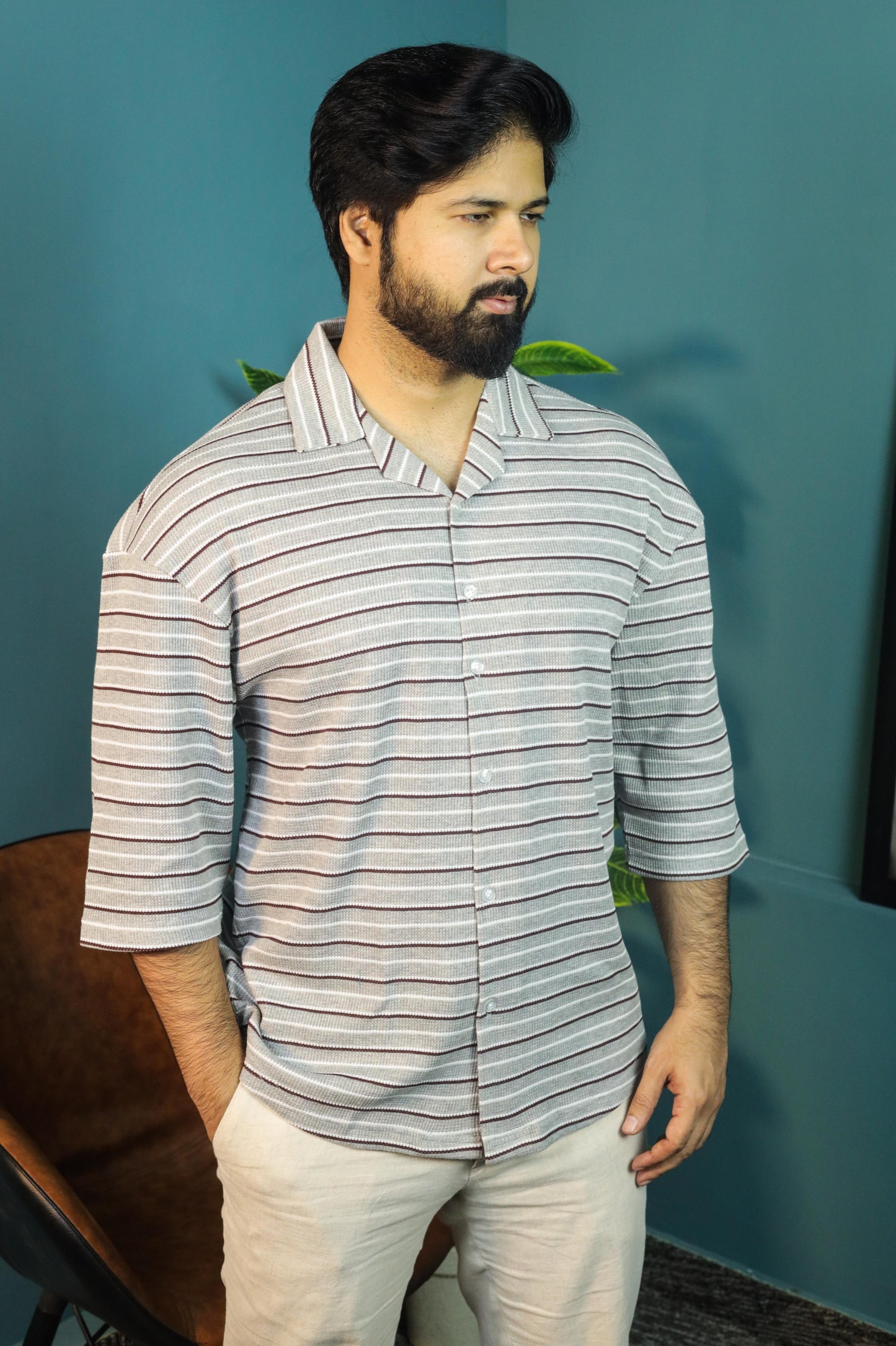 Knitted Waffle Down Shoulder Shirt-Grey Linning
