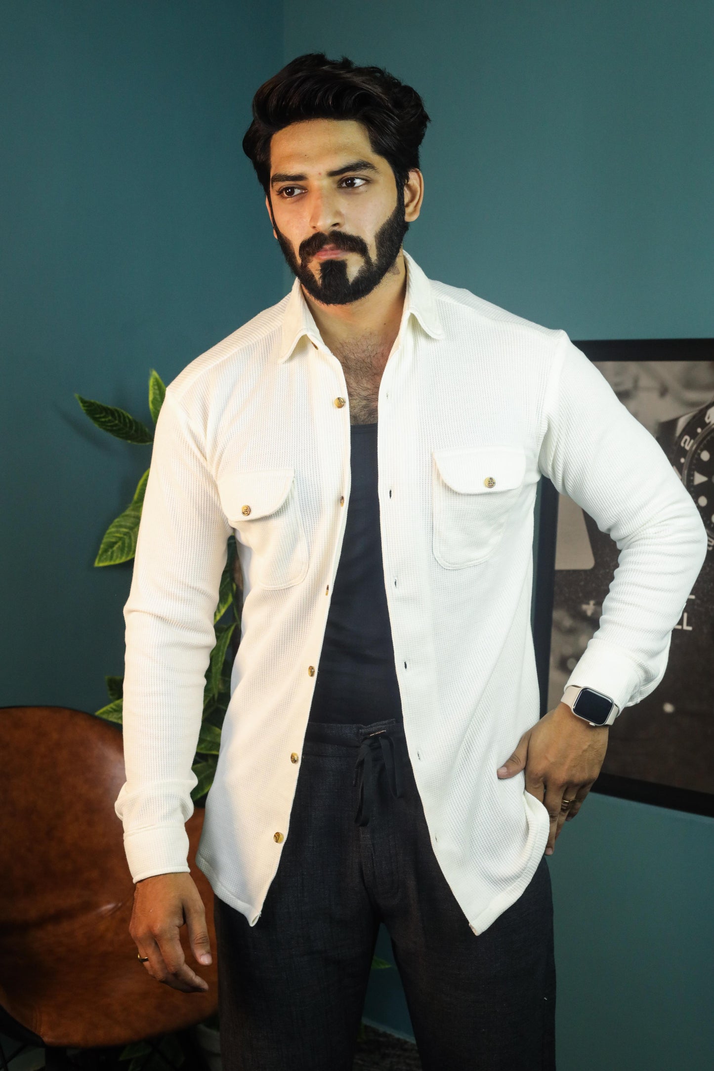 Thermal Waffle Double pocket shirt- White