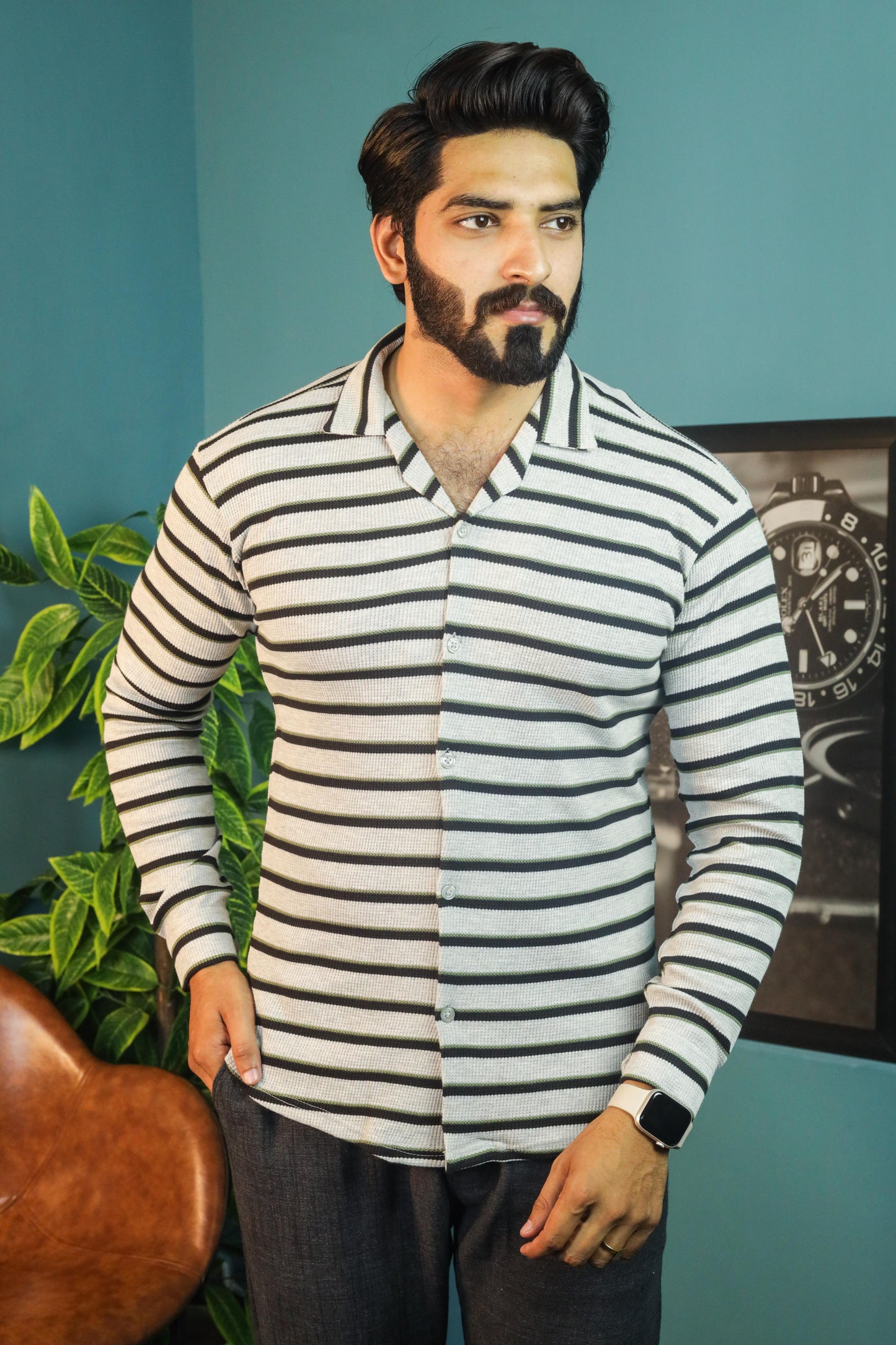 Thermal Waffle Cuban Collar shirts-Black white textured