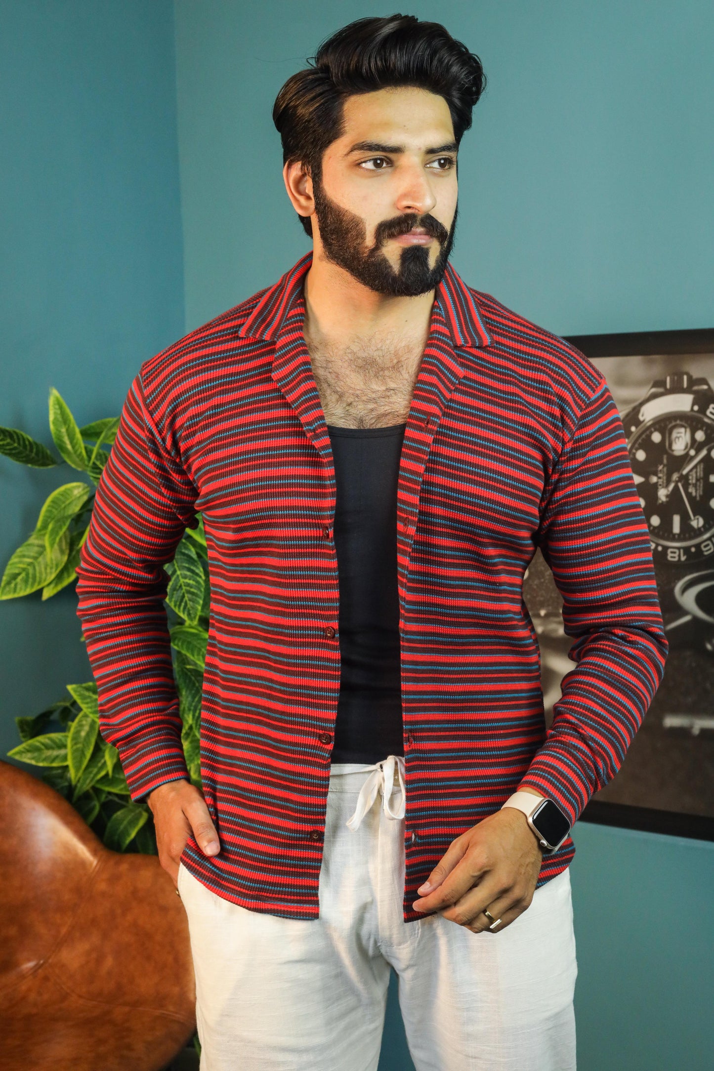 Thermal Waffle Cuban Collar shirts-Black Mehroon textured