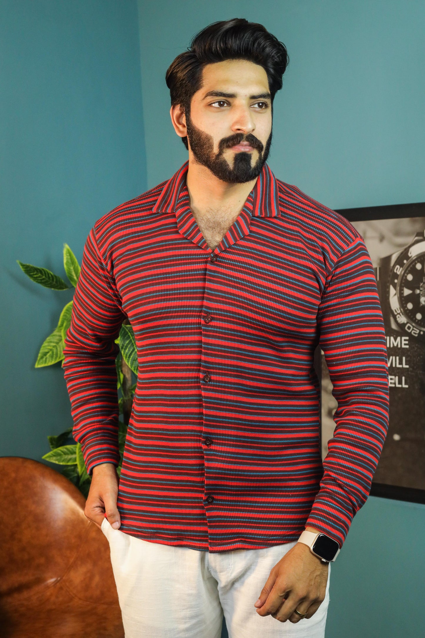 Thermal Waffle Cuban Collar shirts-Black Mehroon textured