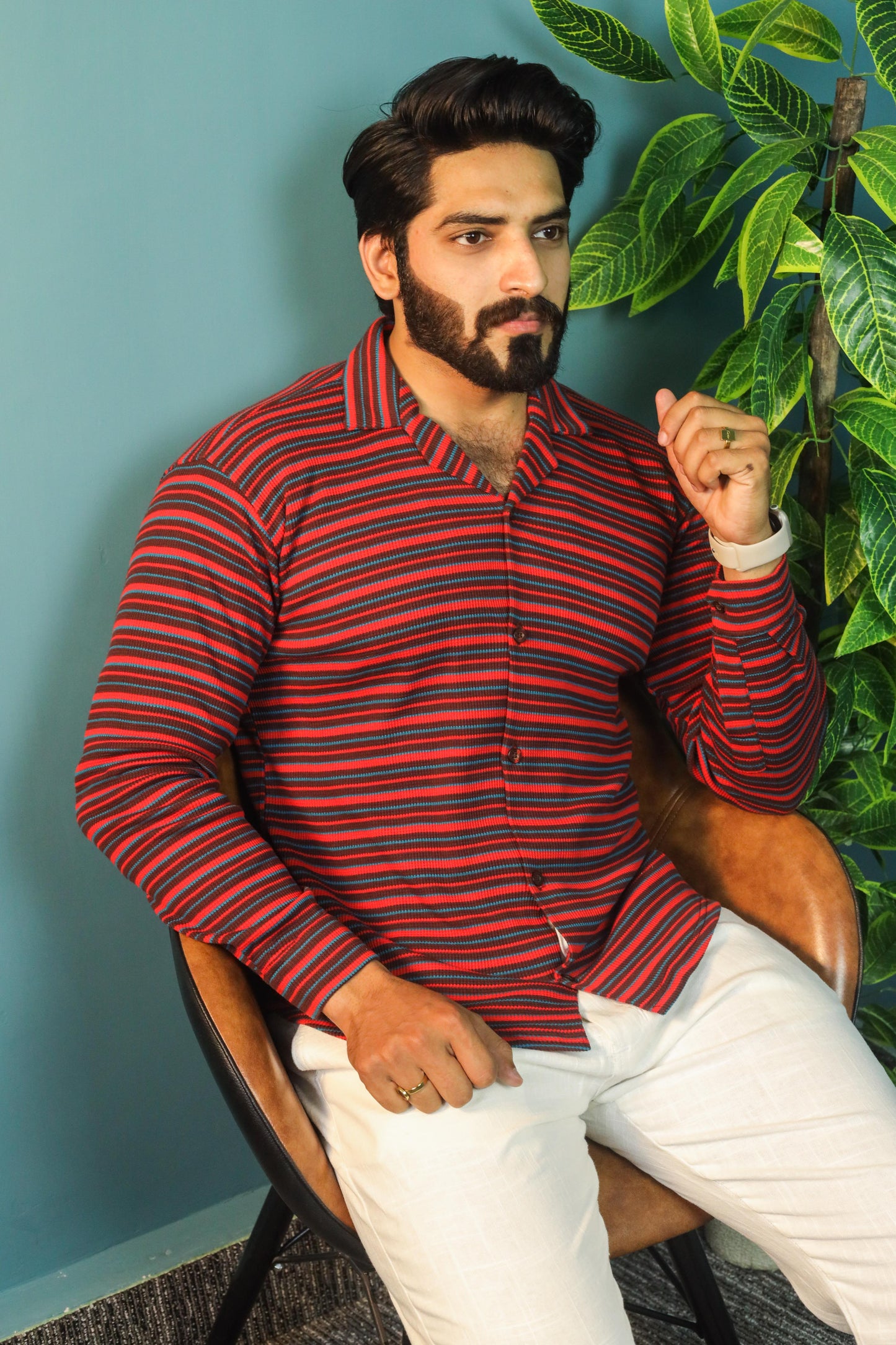 Thermal Waffle Cuban Collar shirts-Black Mehroon textured