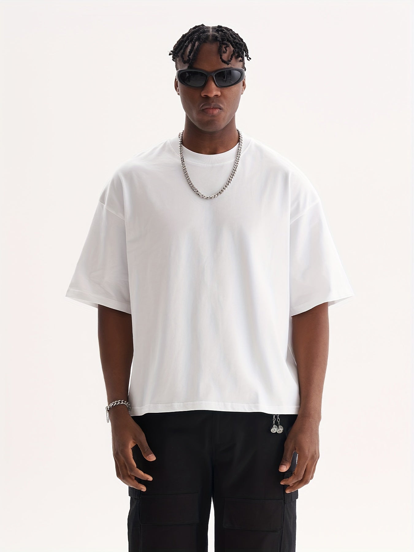 Down shoulder plain t-shirt (White)