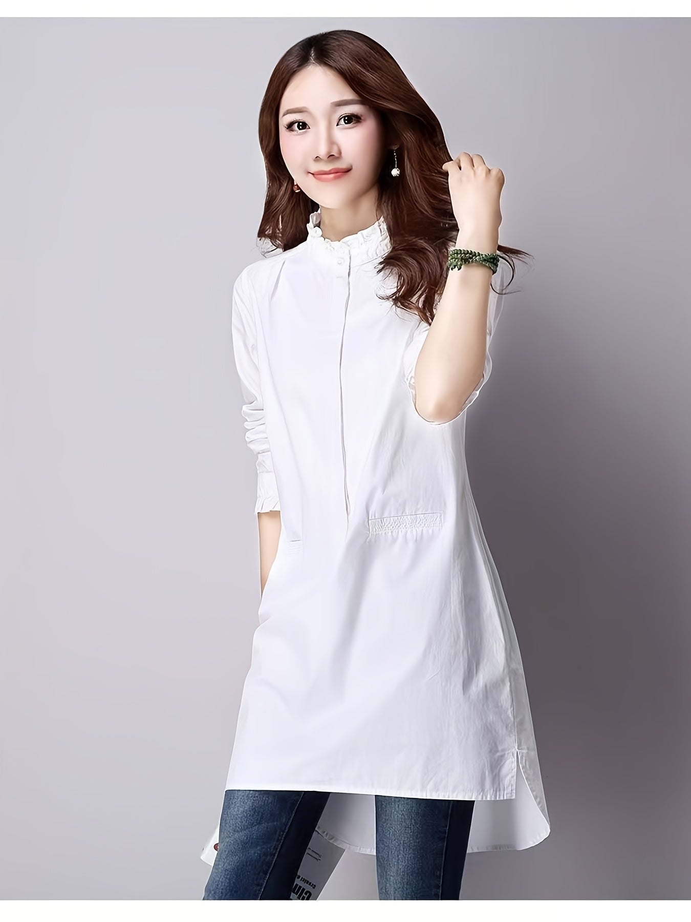 Ruffled shirt with faux pocket (White)