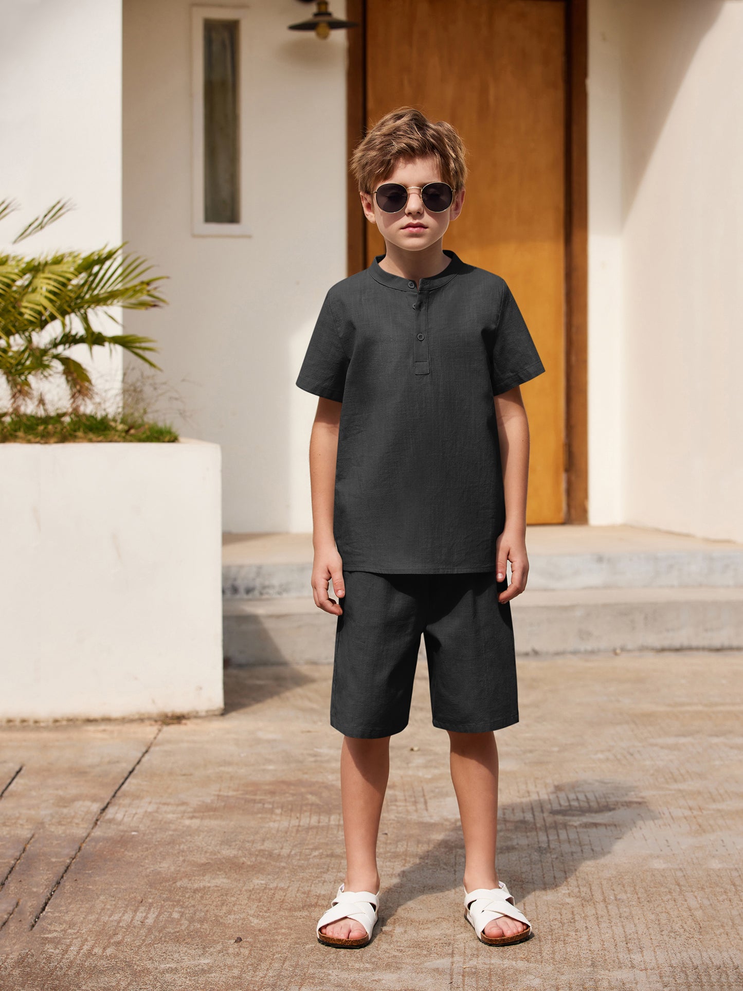 Henley shirt & short set for boys (Black)