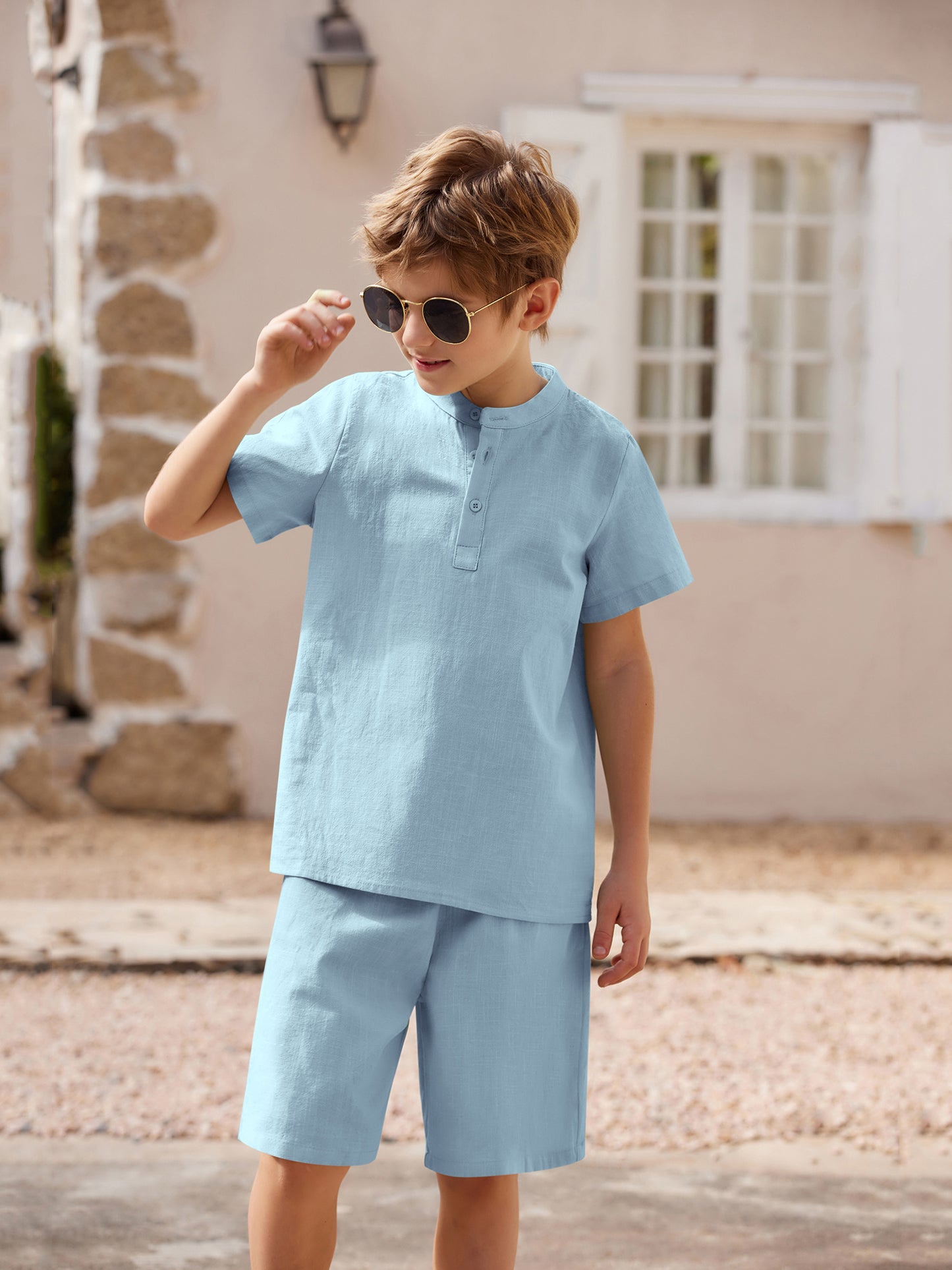 Henley shirt & short set for boys (Light Blue)