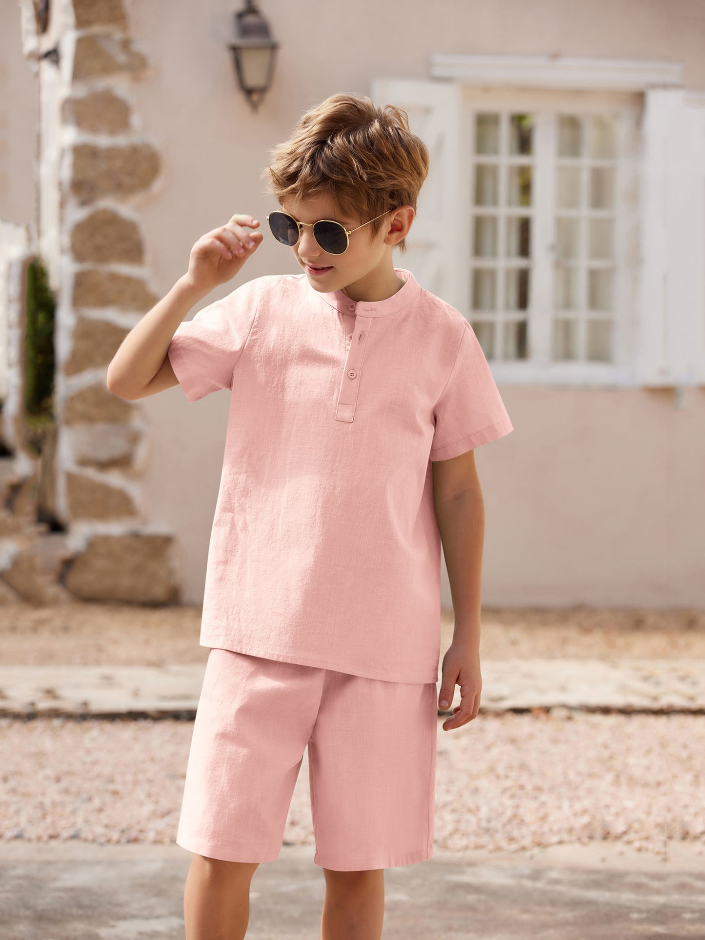 Henley shirt & short set for boys (Baby Pink)