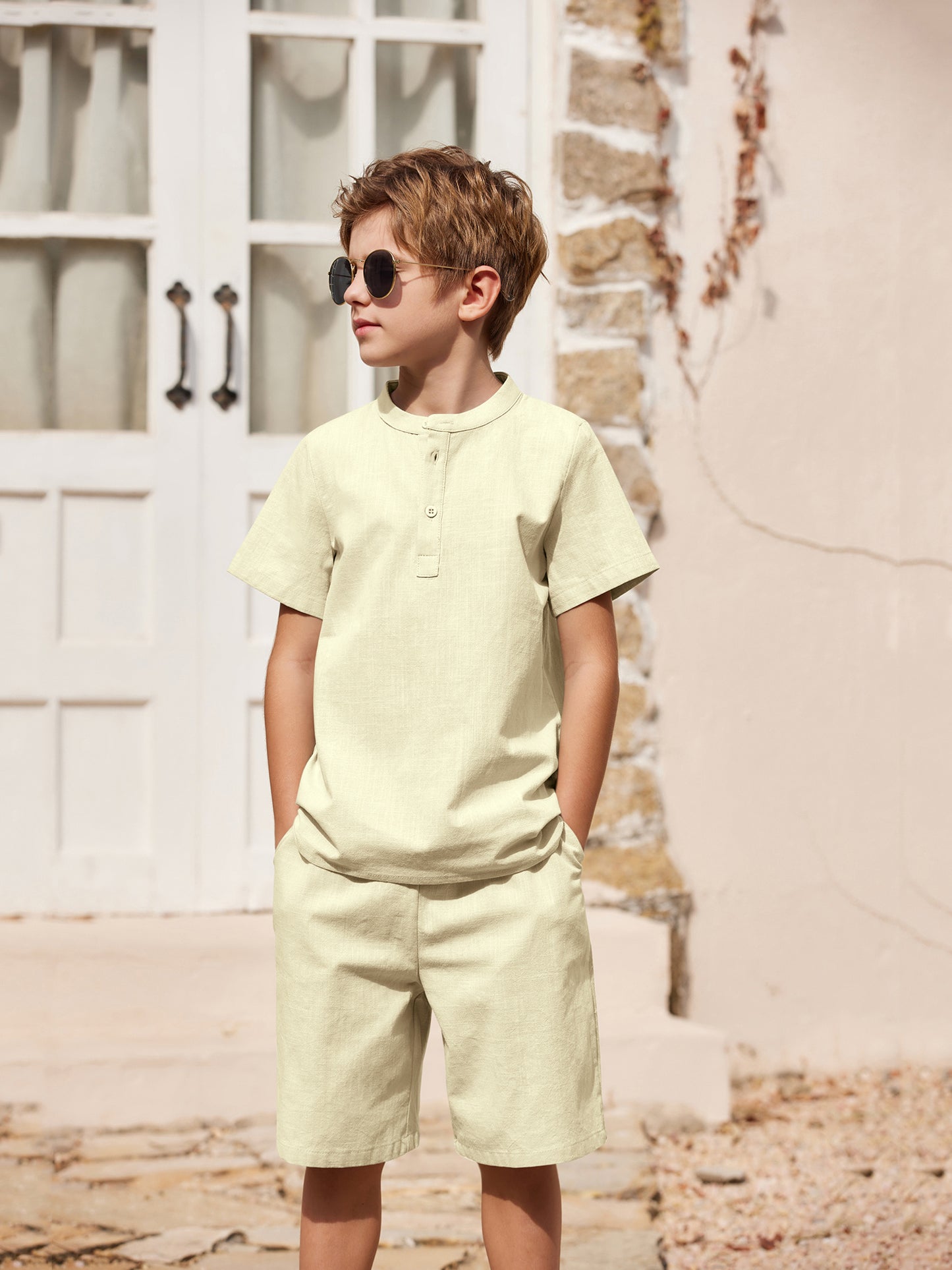 Henley shirt & short set for boys (cream)