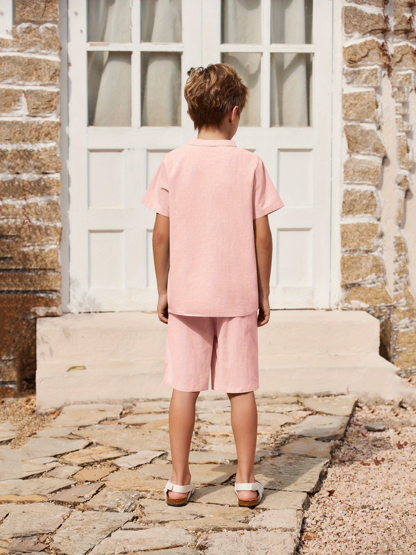 Henley shirt & short set for boys (Baby Pink)