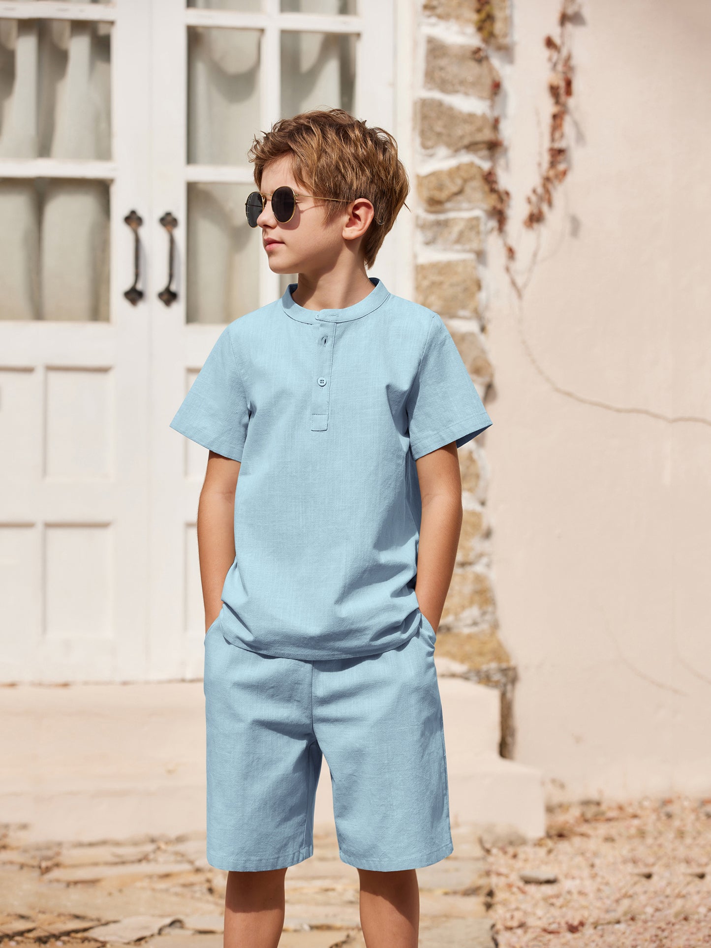 Henley shirt & short set for boys (Light Blue)