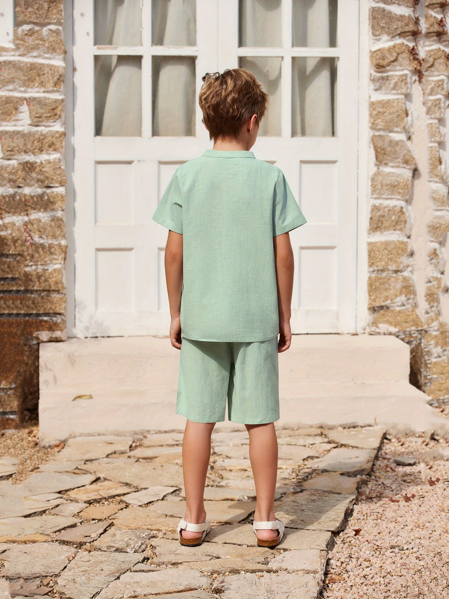 Henley shirt & short set for boys (Light Green)