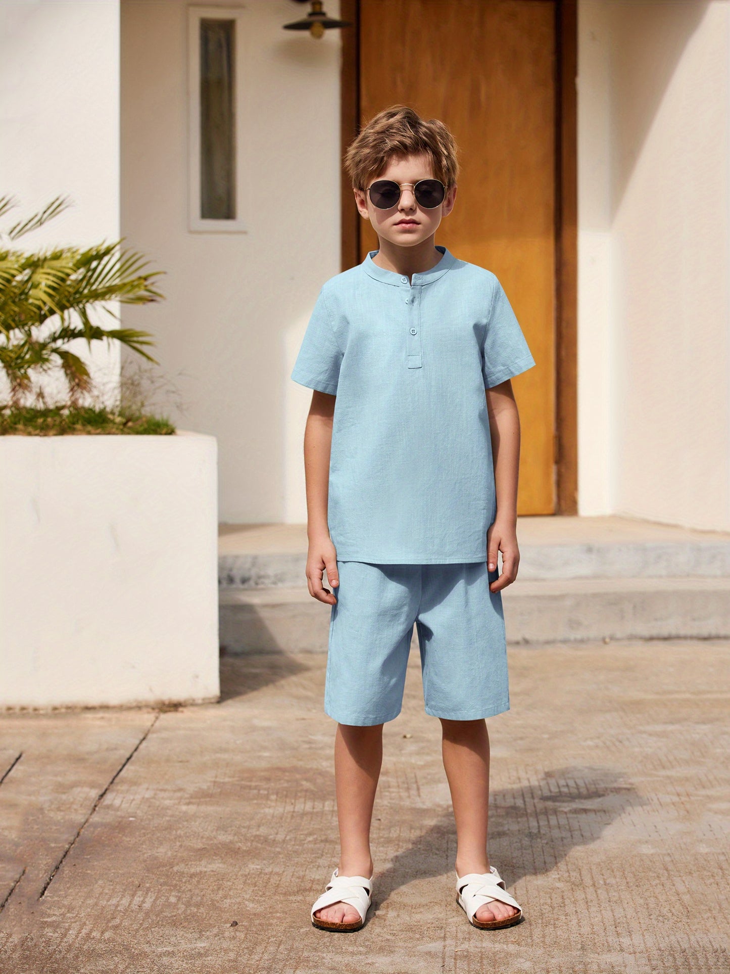 Henley shirt & short set for boys (Light Blue)