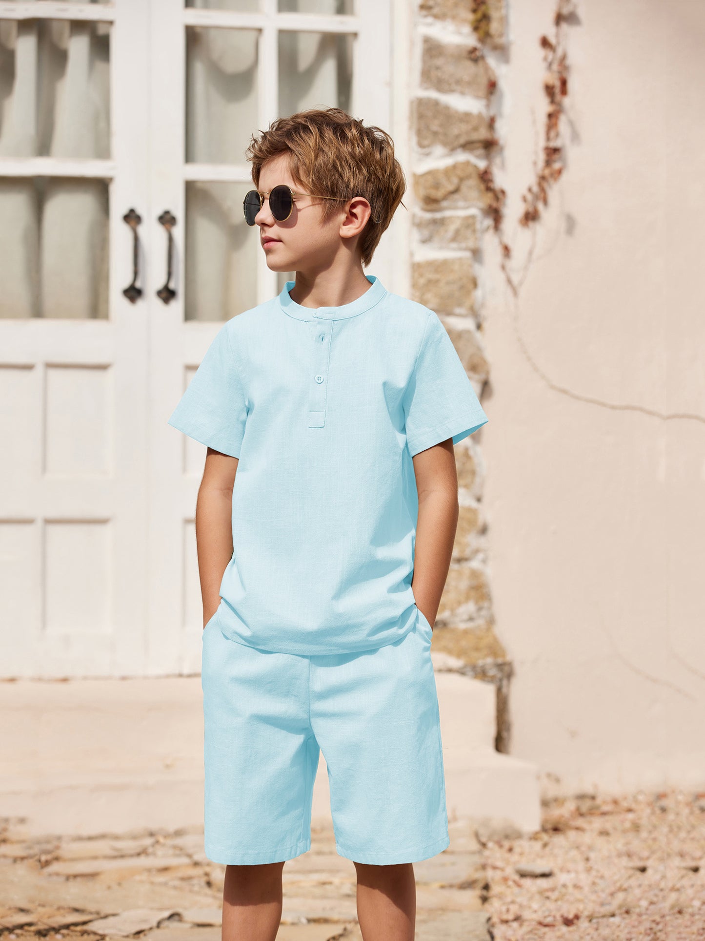 Henley shirt & short set for boys (Sky Blue)
