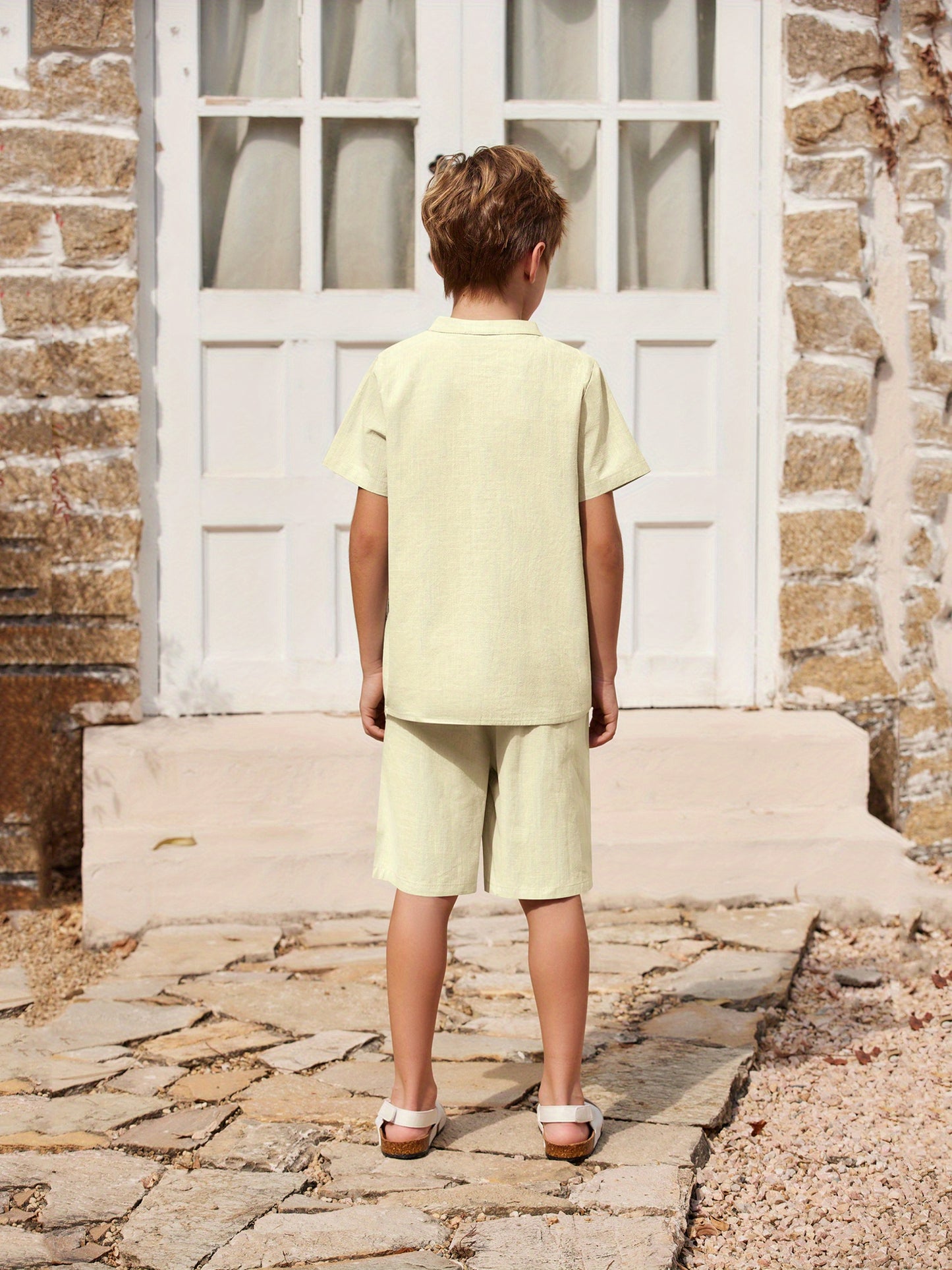 Henley shirt & short set for boys (cream)