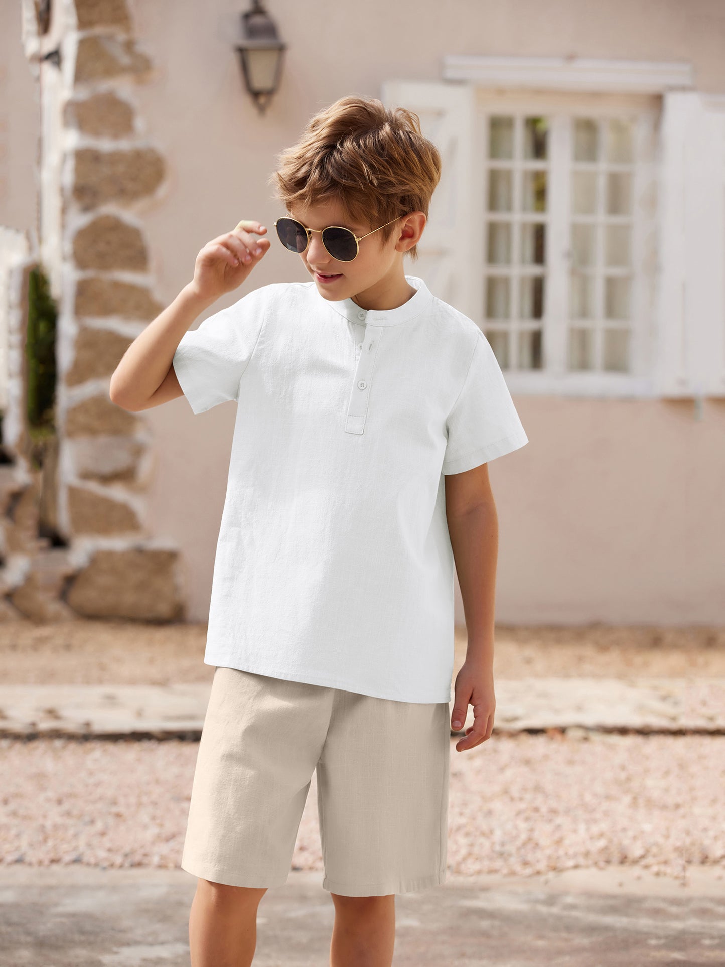 Henley shirt & short set for boys (White and Khaki)