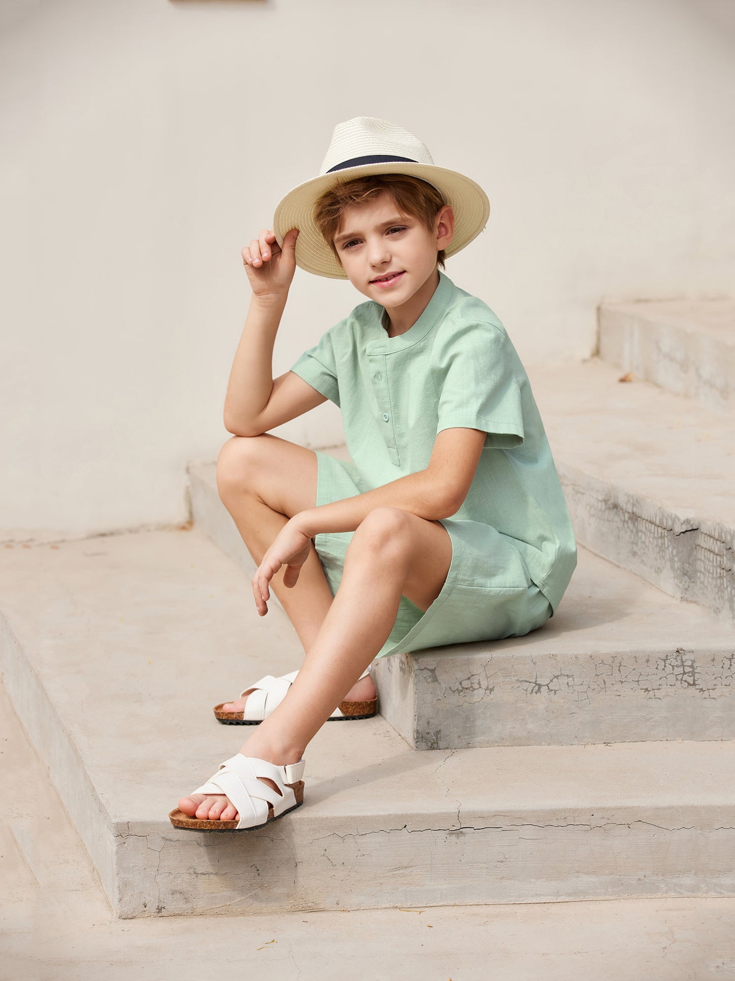 Henley shirt & short set for boys (Light Green)