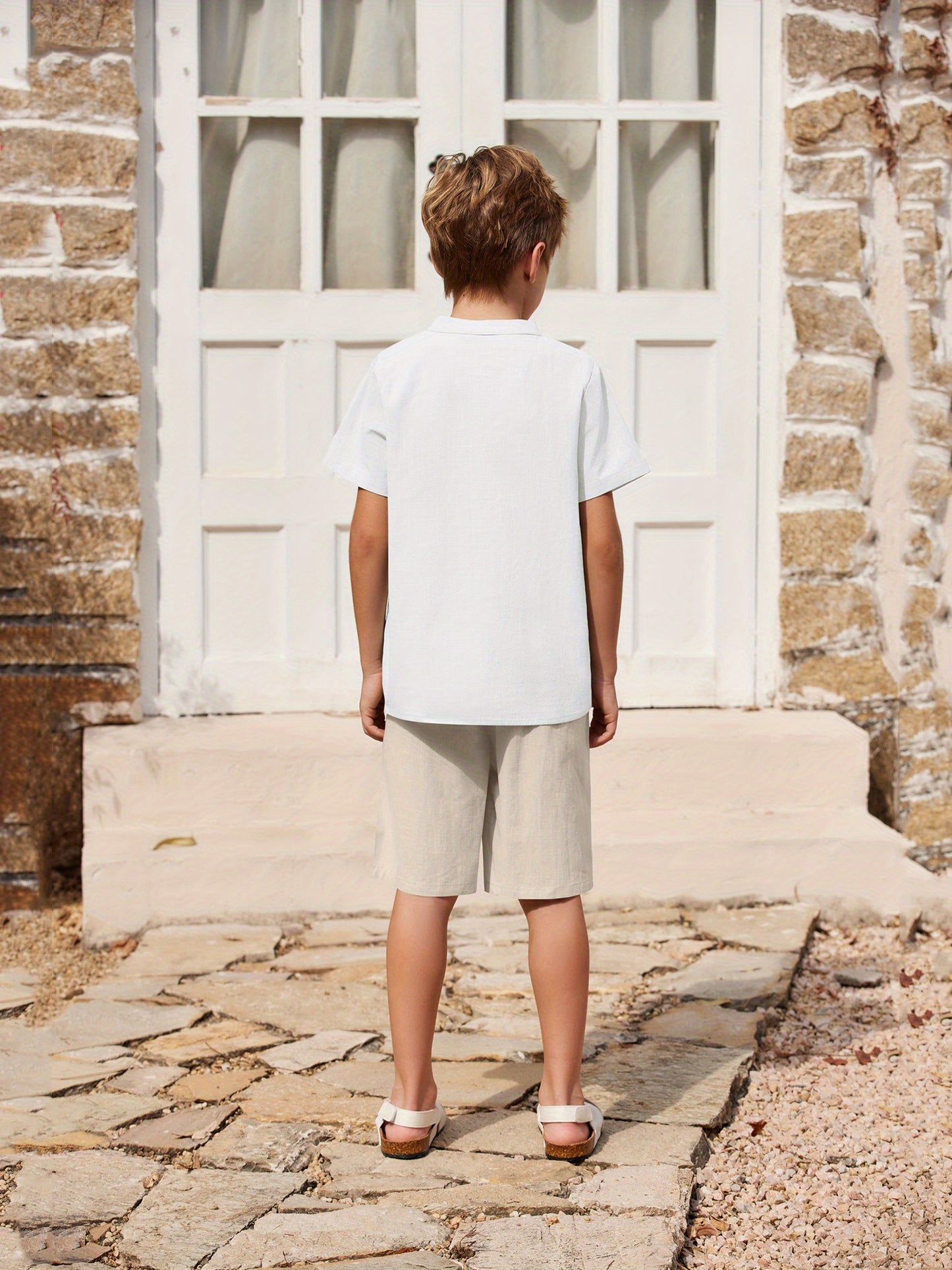 Henley shirt & short set for boys (White and Khaki)