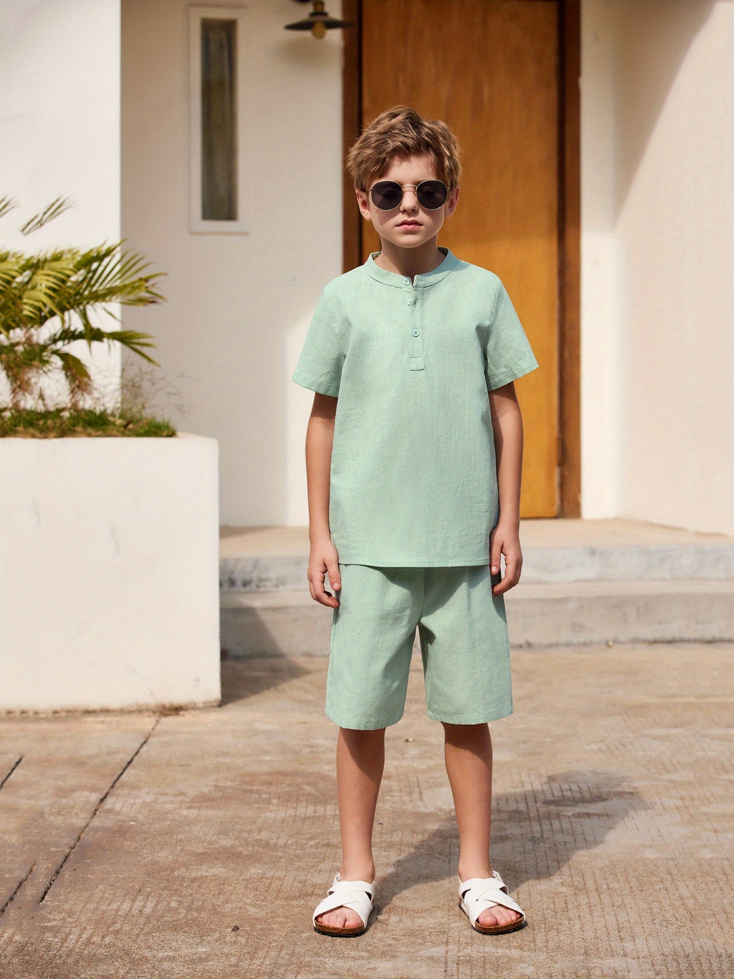Henley shirt & short set for boys (Light Green)
