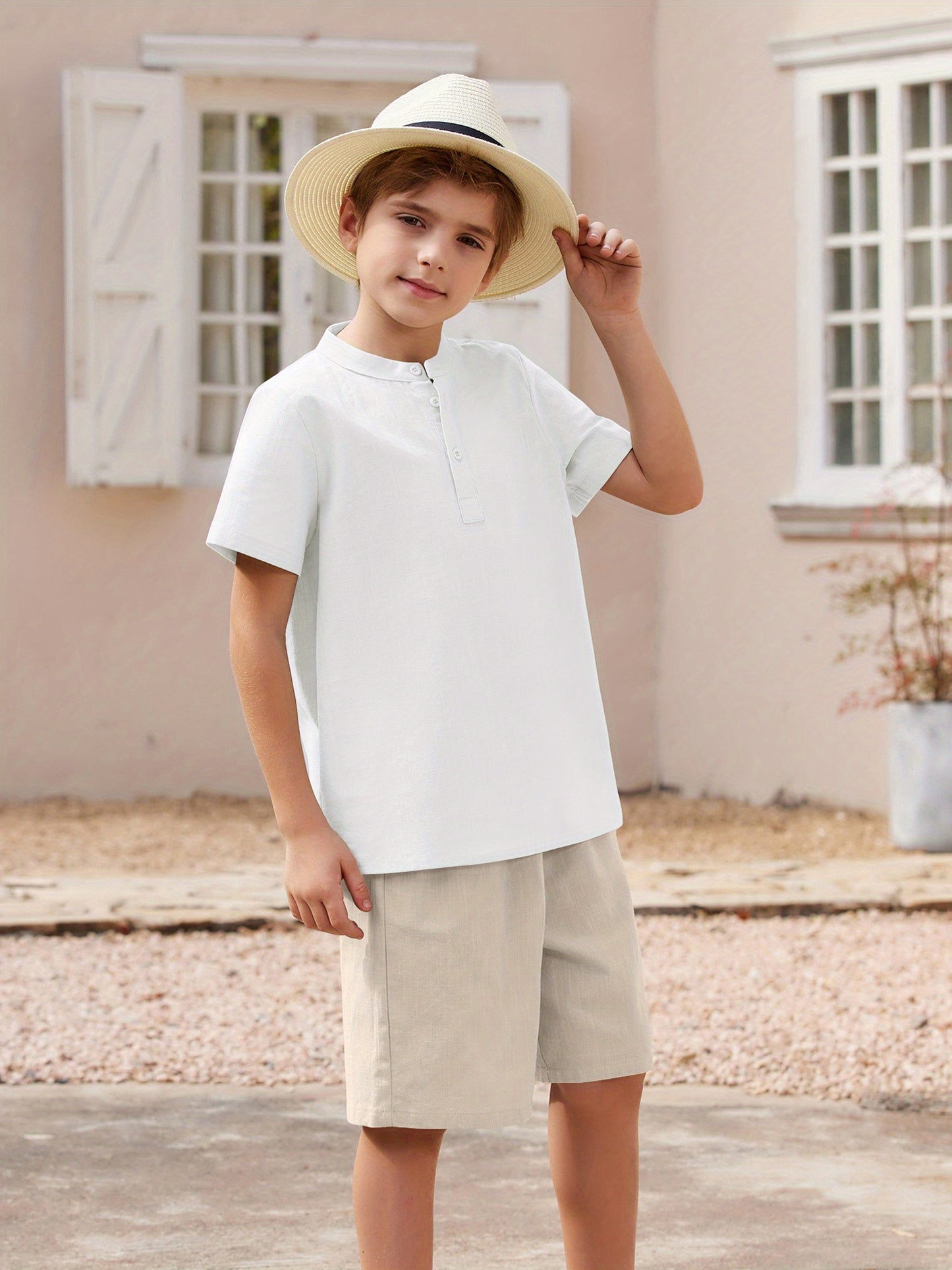 Henley shirt & short set for boys (White and Khaki)