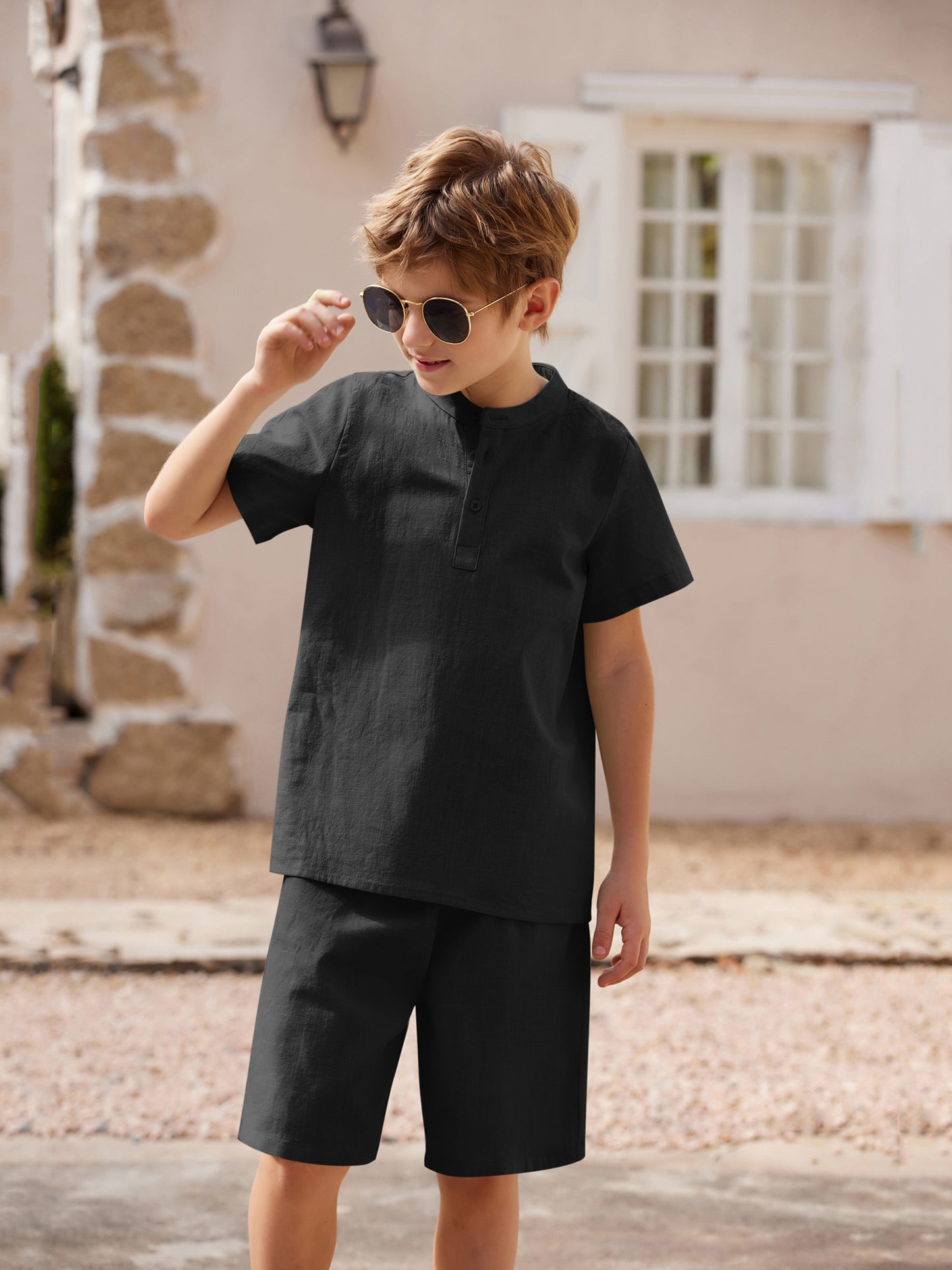 Henley shirt & short set for boys (Black)