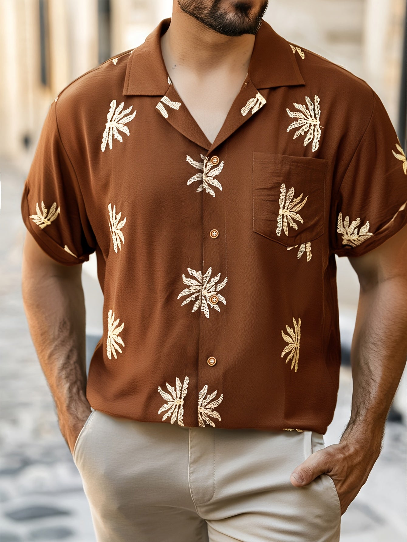 Floral embroidered shirt for men's (Brown)
