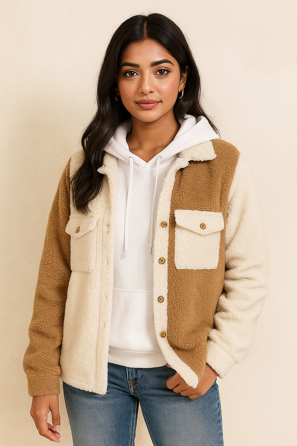 Sherpa Jacket for men- White Brown Double Patch pocket