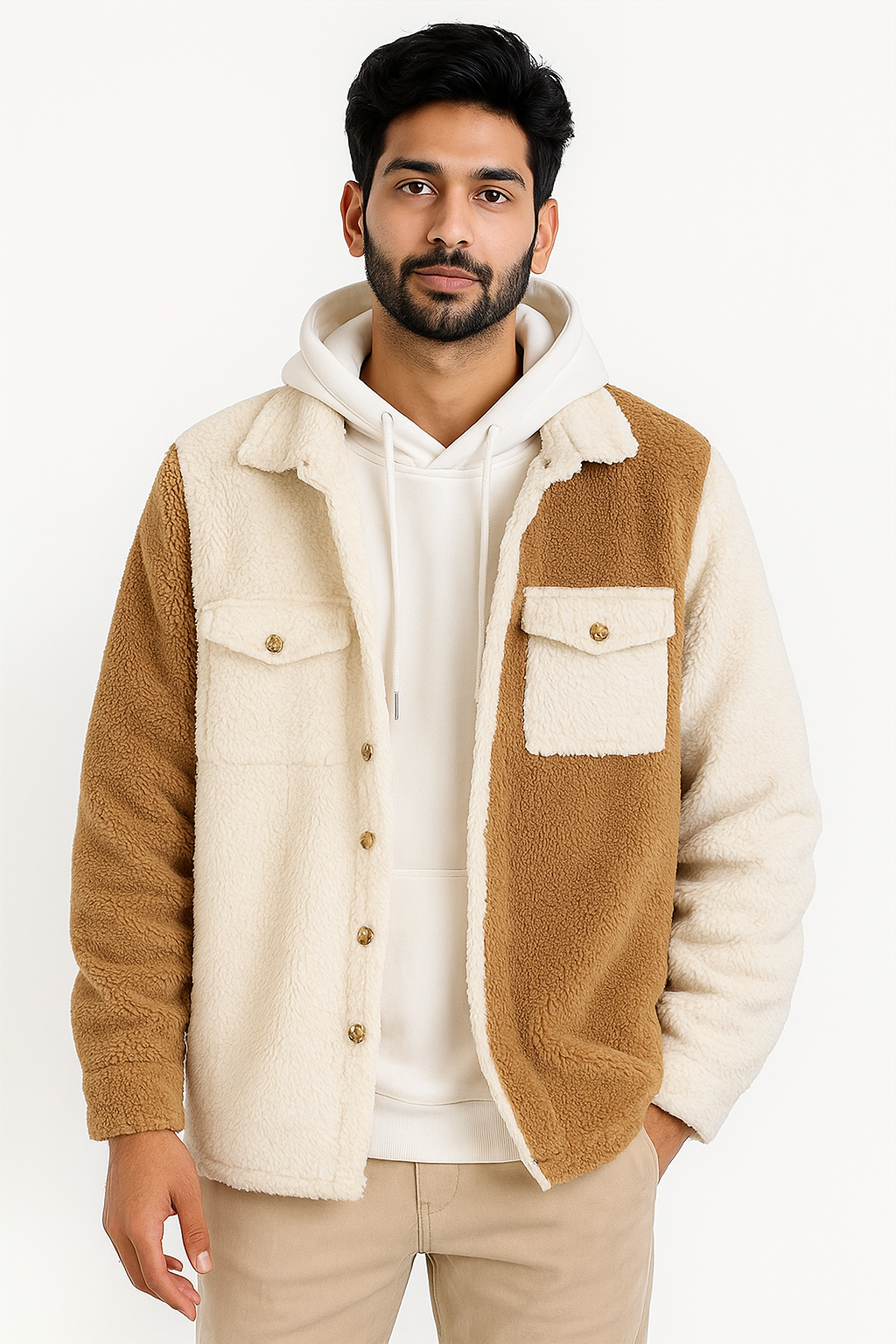 Sherpa Jacket for men- White Brown Double Patch pocket