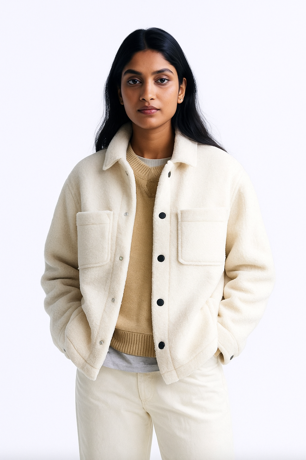 Sherpa Jacket for men- White Color Double Patch pocket