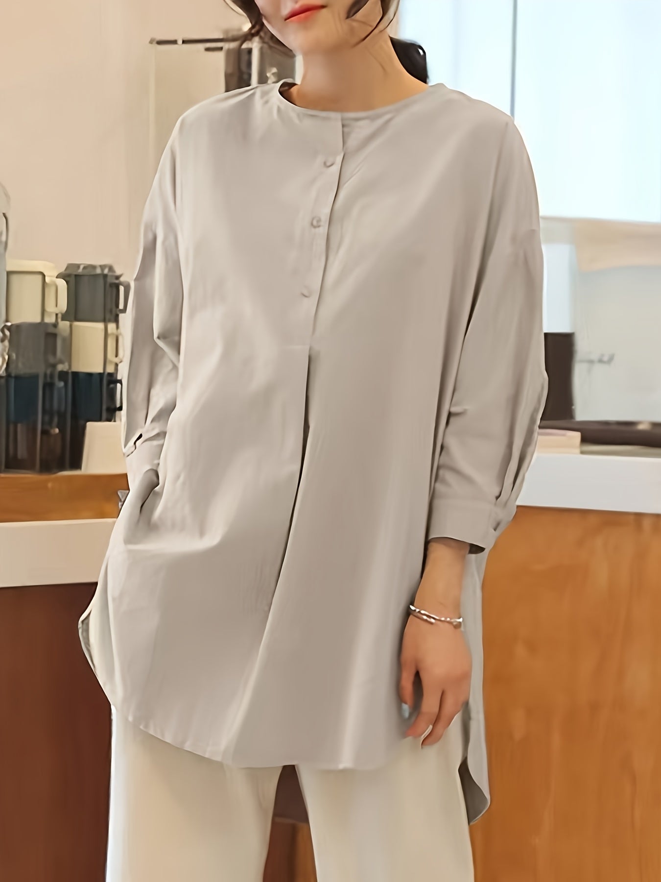 Collarless long shirt (apricot)