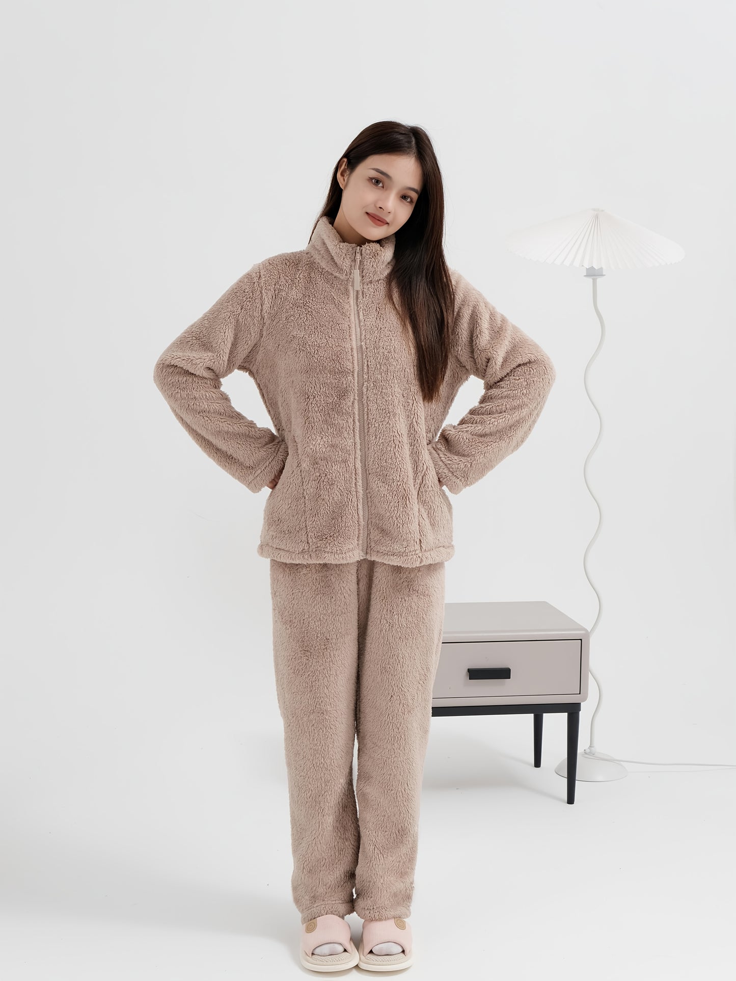 Zipper cardigan and long trouser for girls (khaki)