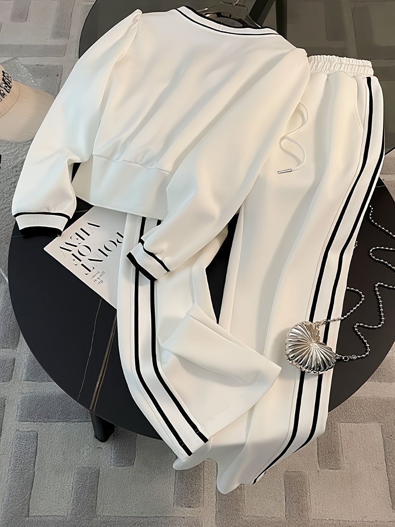 French sweatshirt set with wide leg pant set for women (White)