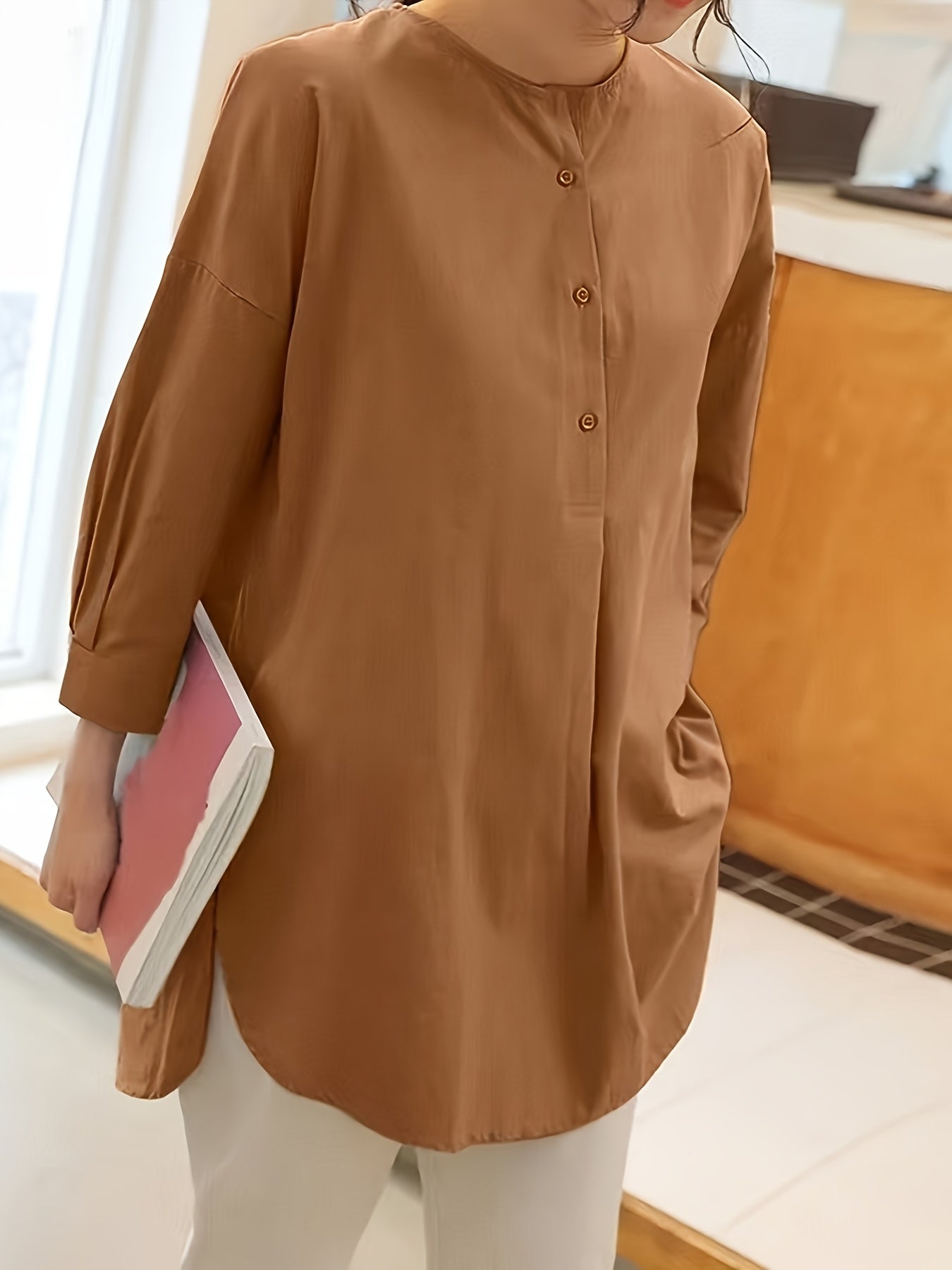 Collarless long shirt (Brown)