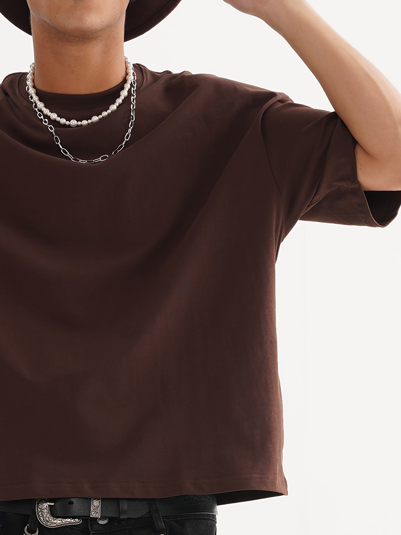 Down shoulder plain t-shirt (Dark Brown)