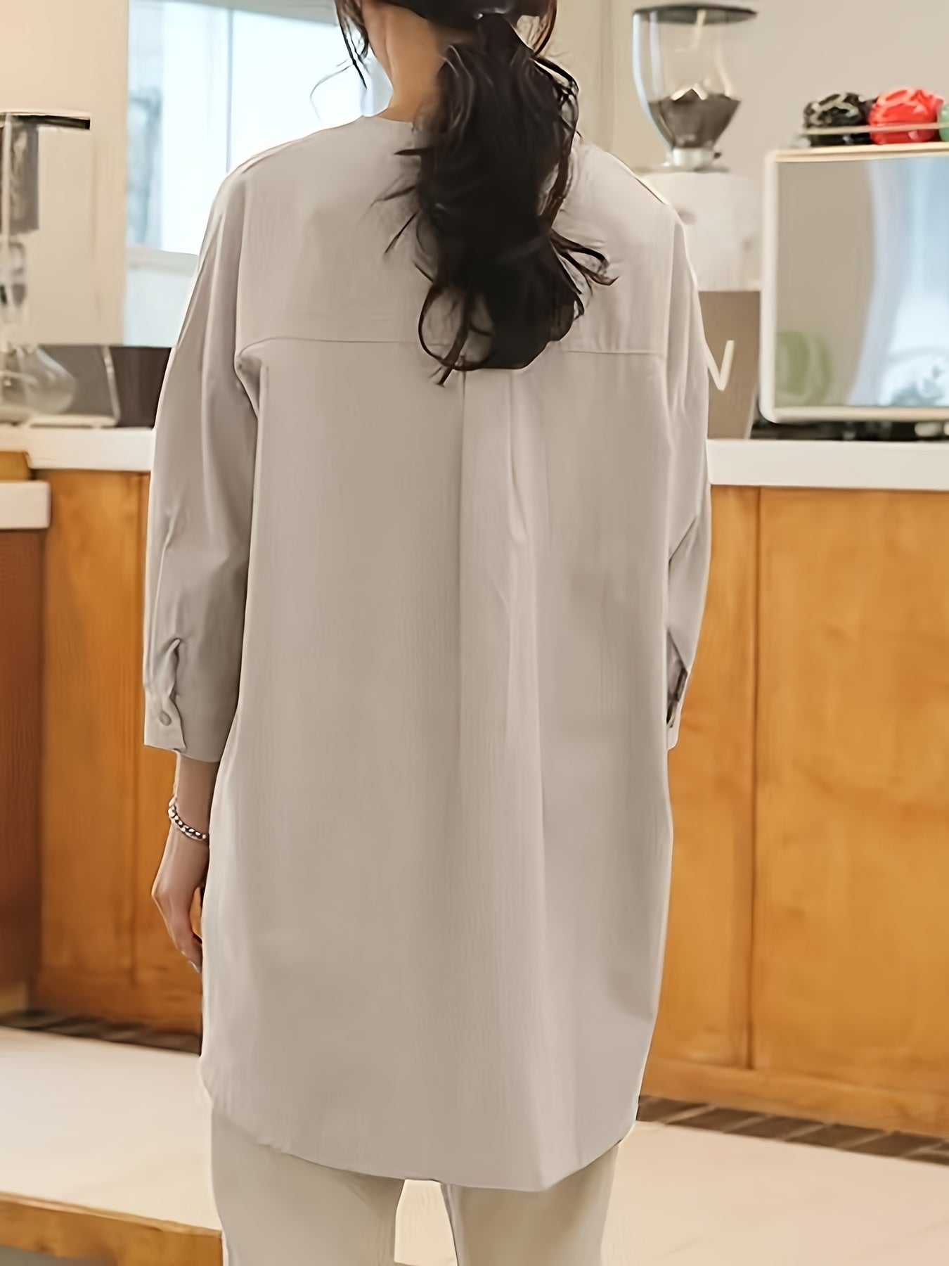Collarless long shirt (apricot)