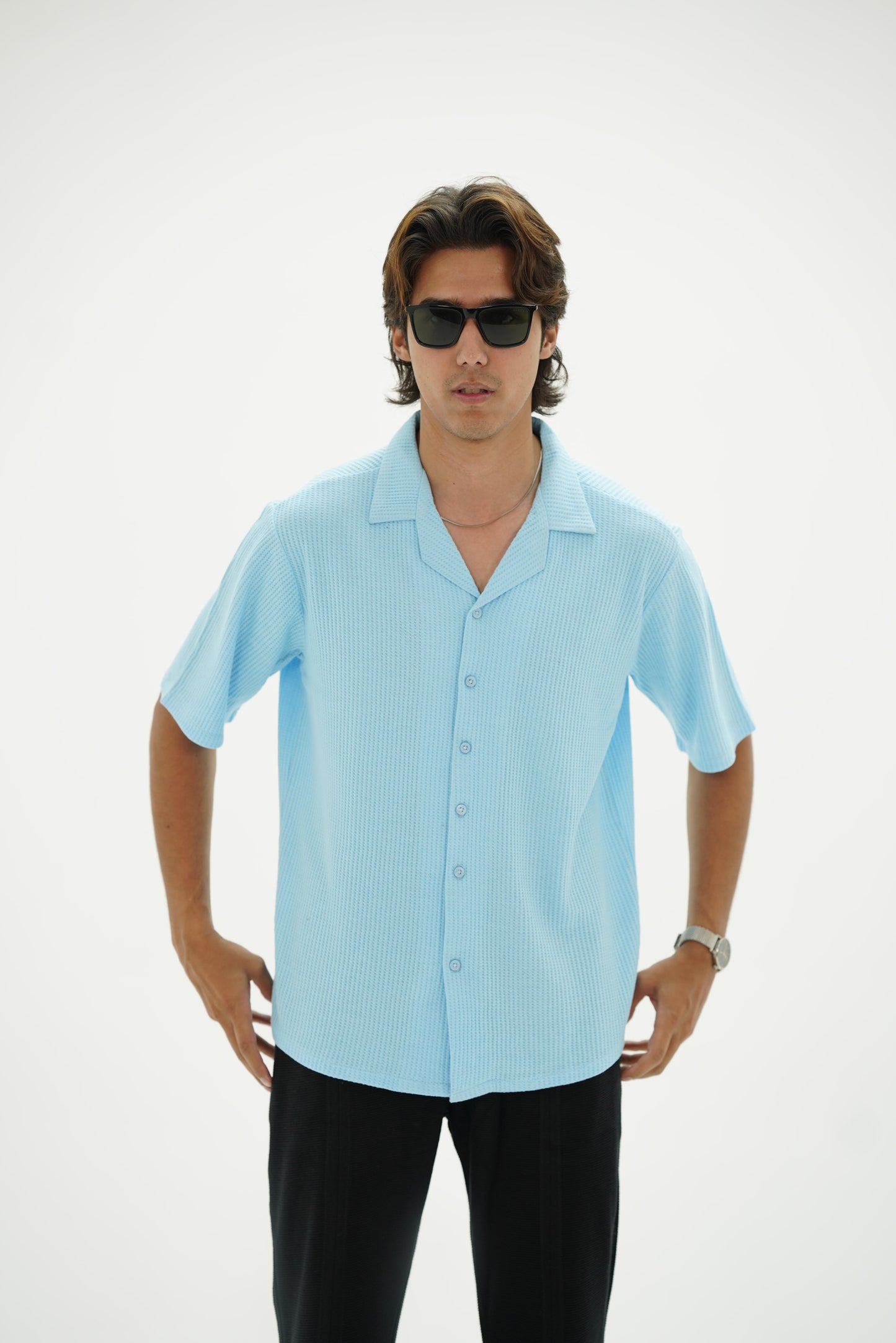 Knitted Waffle Cuban Collar shirt- Sky Blue