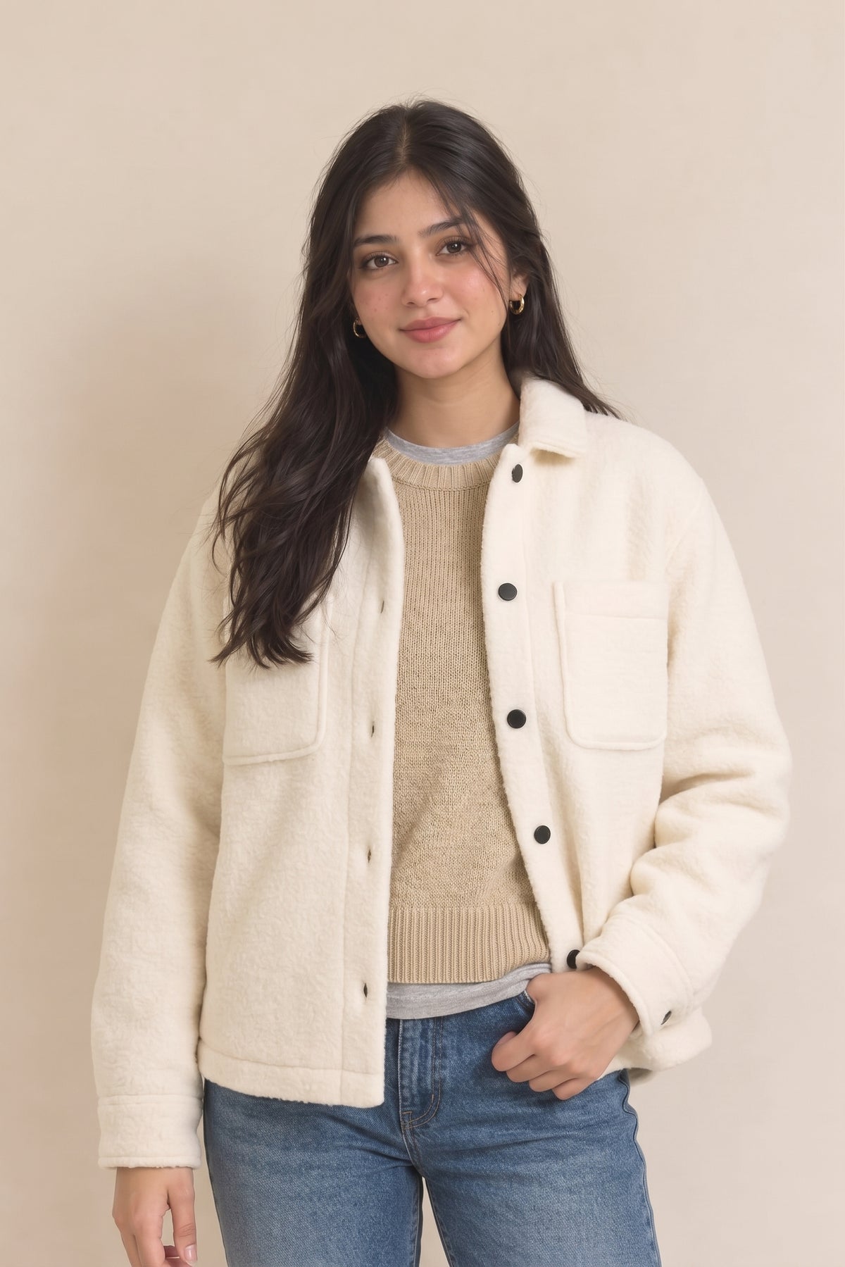 Sherpa Jacket for women- White Double Patch pocket