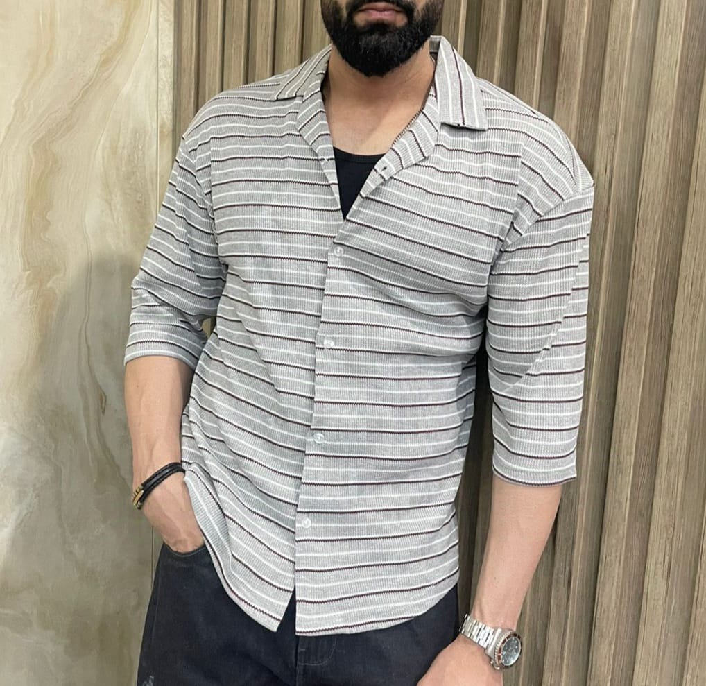 Knitted Waffle Down Shoulder Shirt-Grey Linning