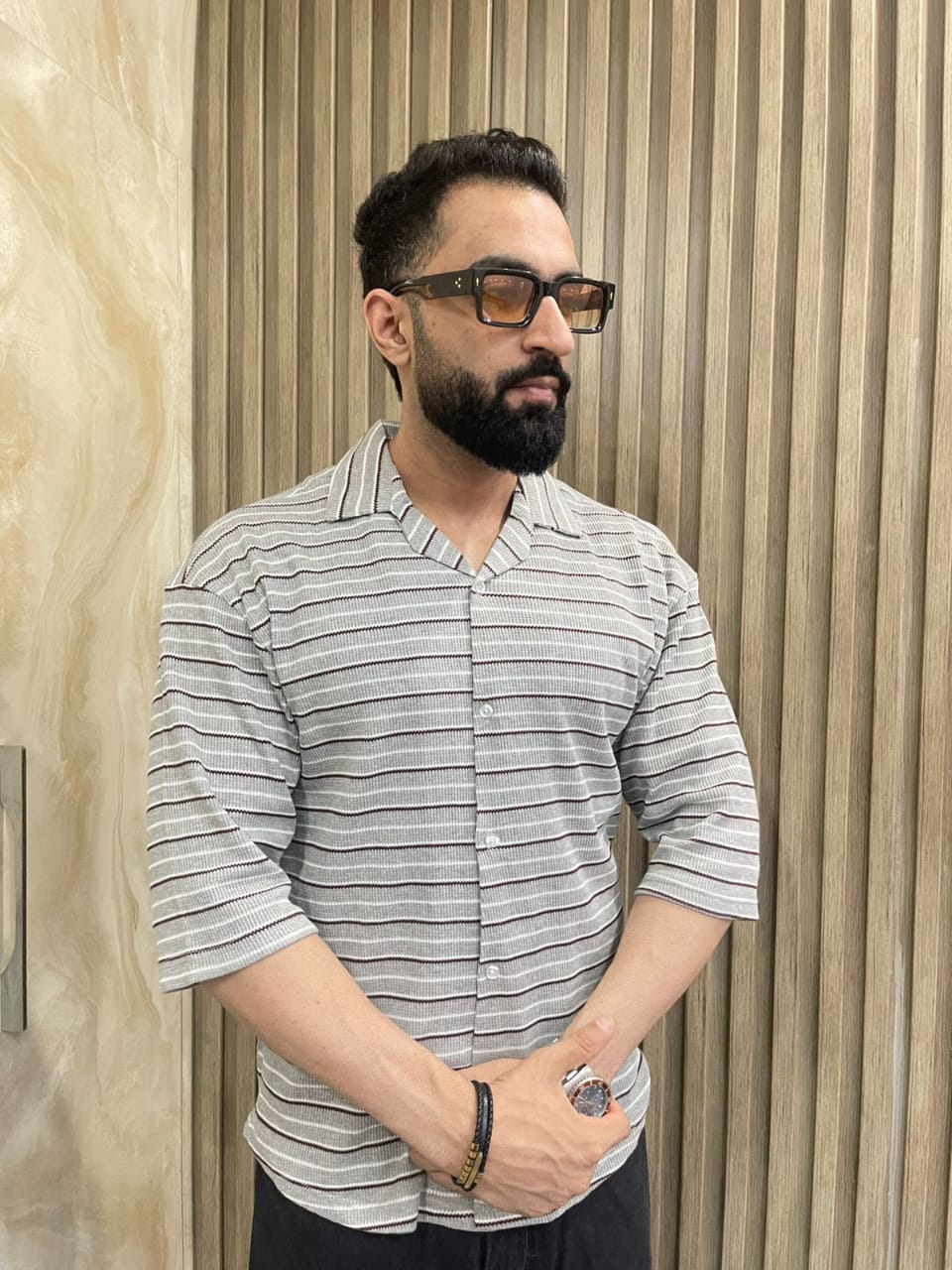 Knitted Waffle Down Shoulder Shirt-Grey Linning