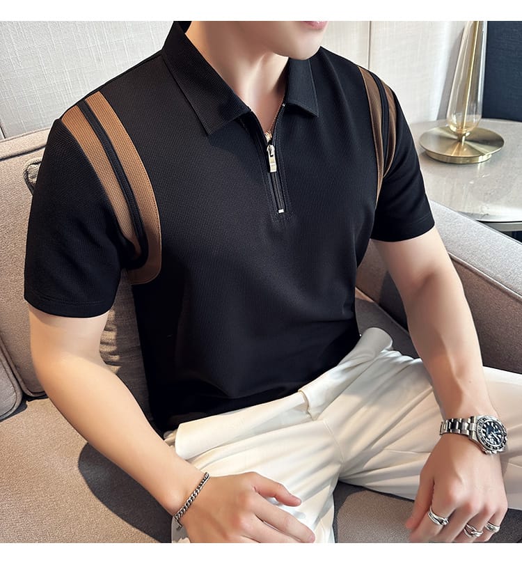 Elastic Stripe polo shirt- Black