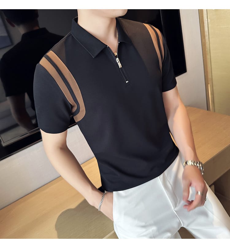 Elastic Stripe polo shirt- Black