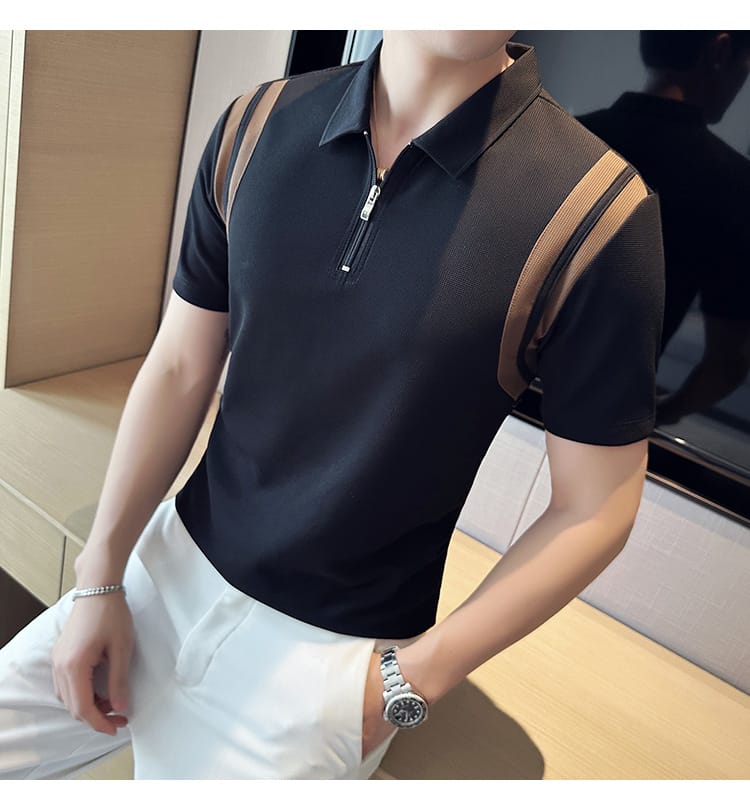 Elastic Stripe polo shirt- Black