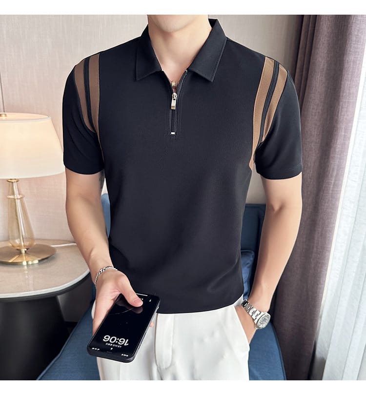 Elastic Stripe polo shirt- Black