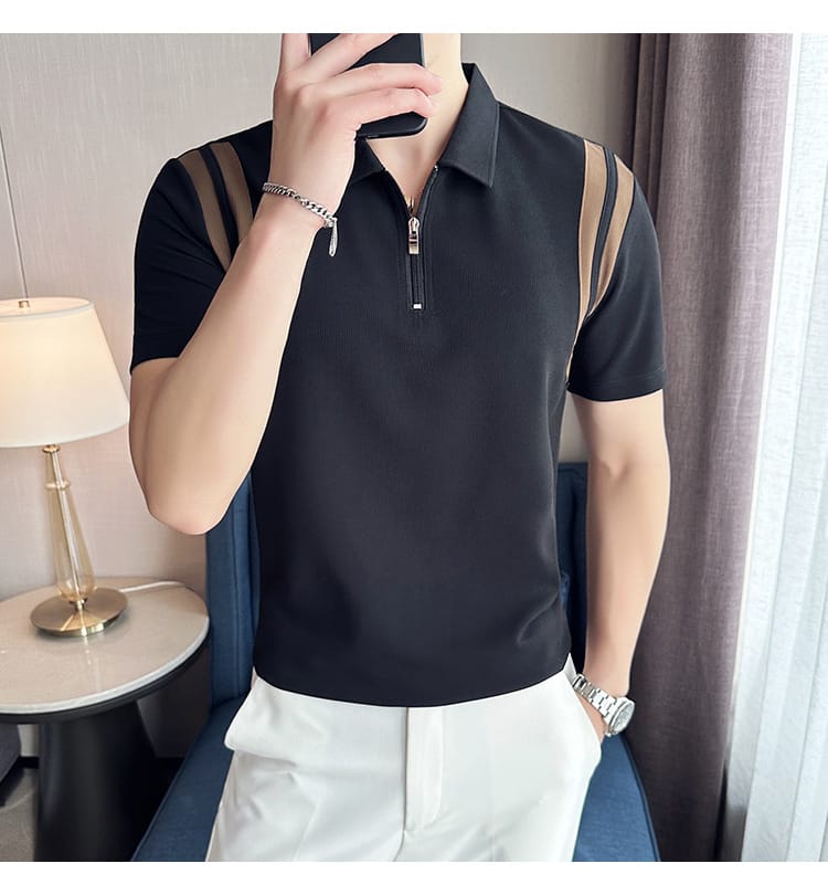 Elastic Stripe polo shirt- Black