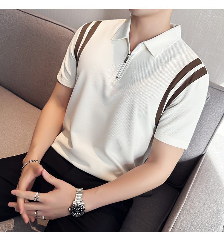 Elastic Stripe polo shirt- White
