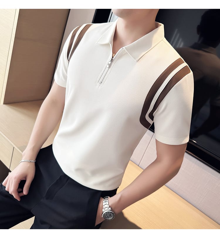 Elastic Stripe polo shirt- White
