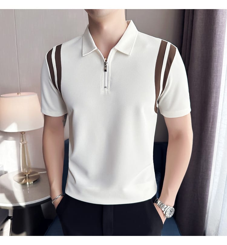 Elastic Stripe polo shirt- White