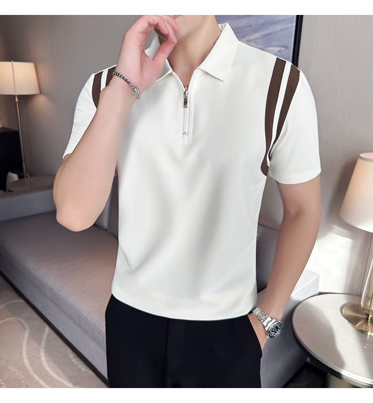 Elastic Stripe polo shirt- White